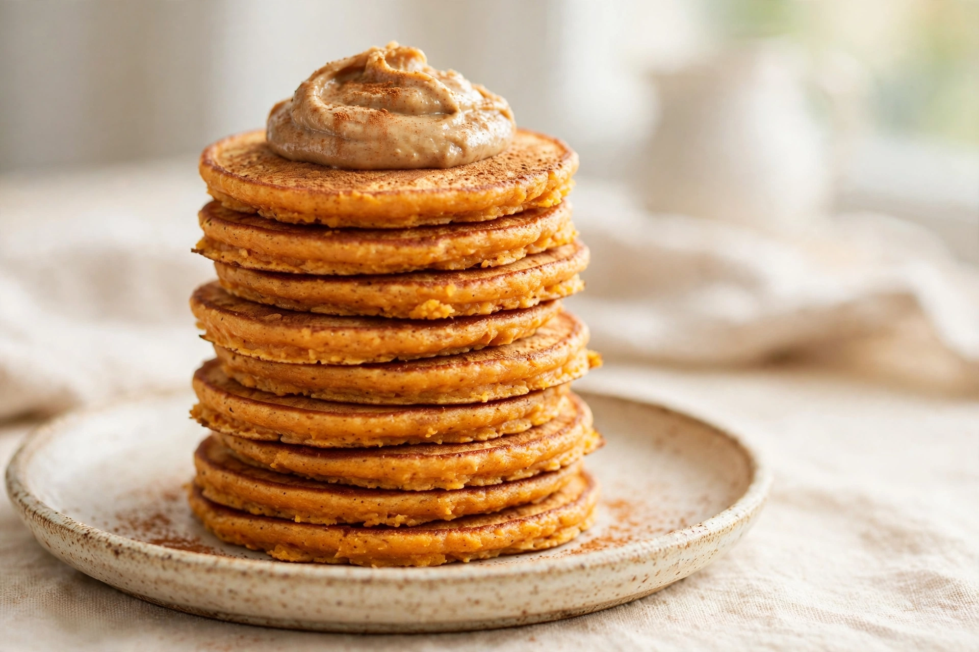 A tall stack of sweet potato pancakes crowned with a dollop of creamy spread and a drizzle of syrup.