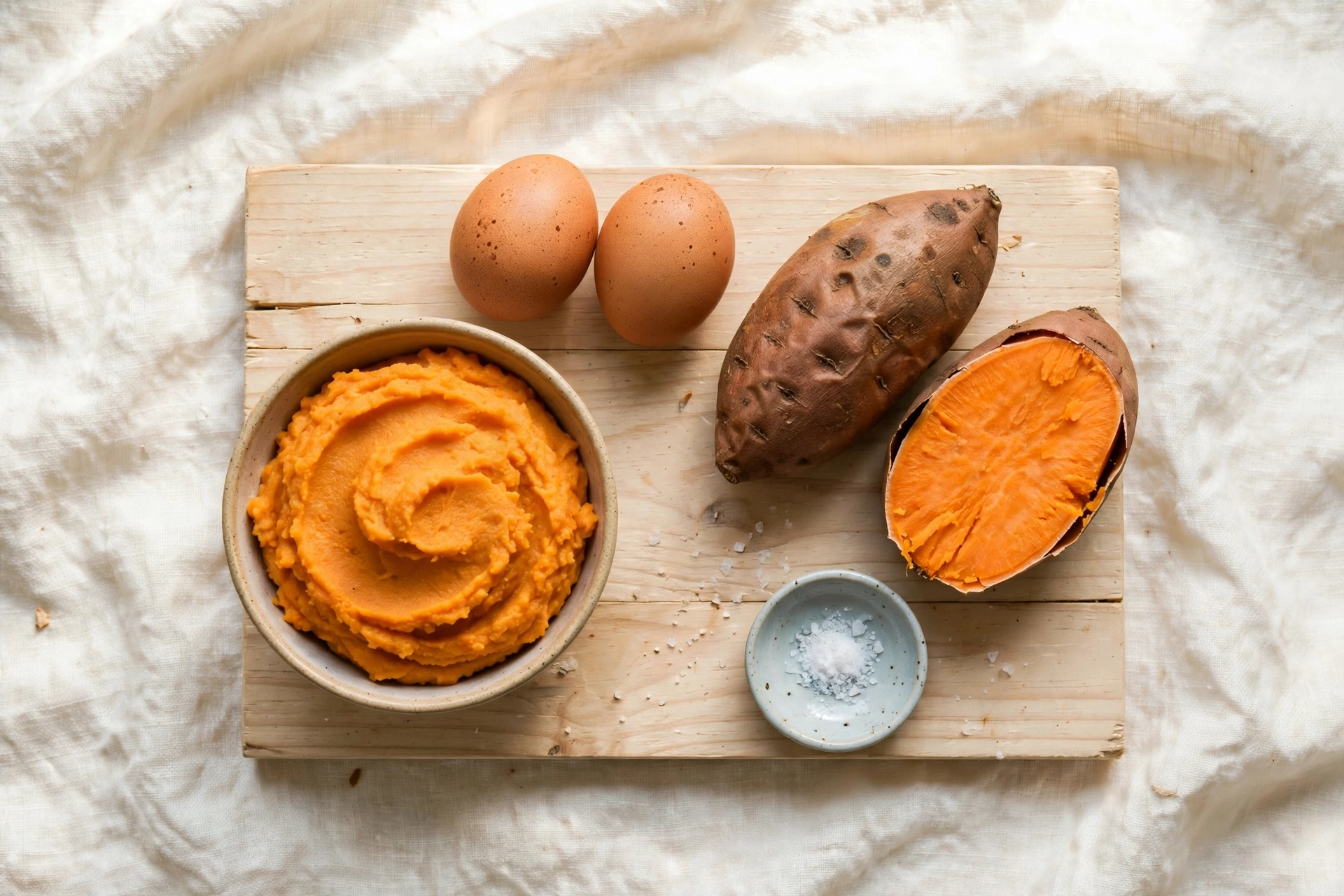 Whole sweet potatoes, eggs, and a bowl of mashed sweet potato — the two simple ingredients — arranged on a countertop.