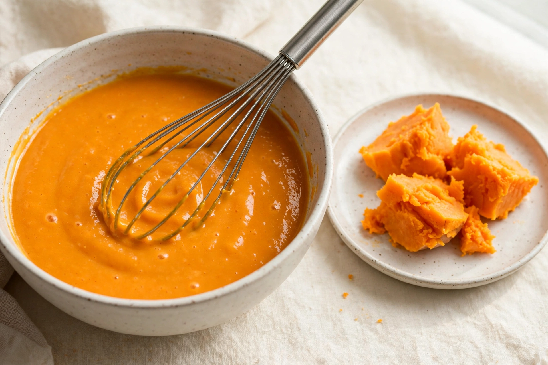 Smooth orange sweet potato pancake batter in a mixing bowl with a whisk.