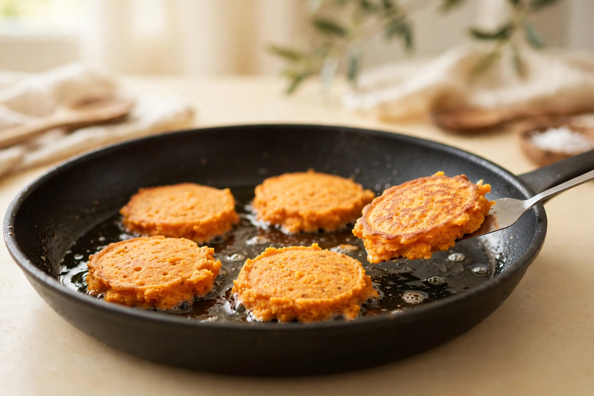 Five golden-orange sweet potato pancakes frying in a black skillet, one being lifted with a metal spatula.