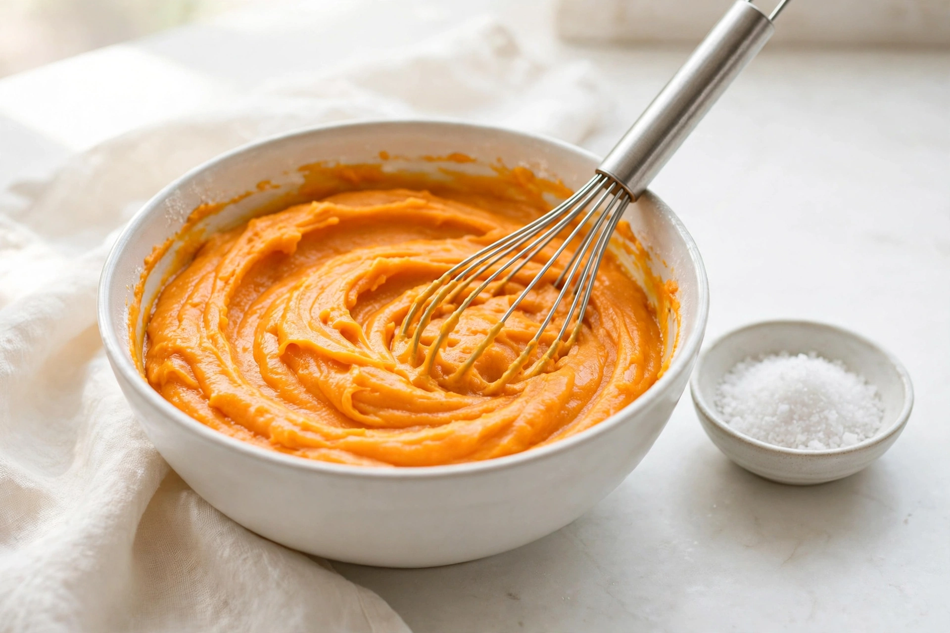 Bright orange sweet potato batter being whisked in a glass mixing bowl.