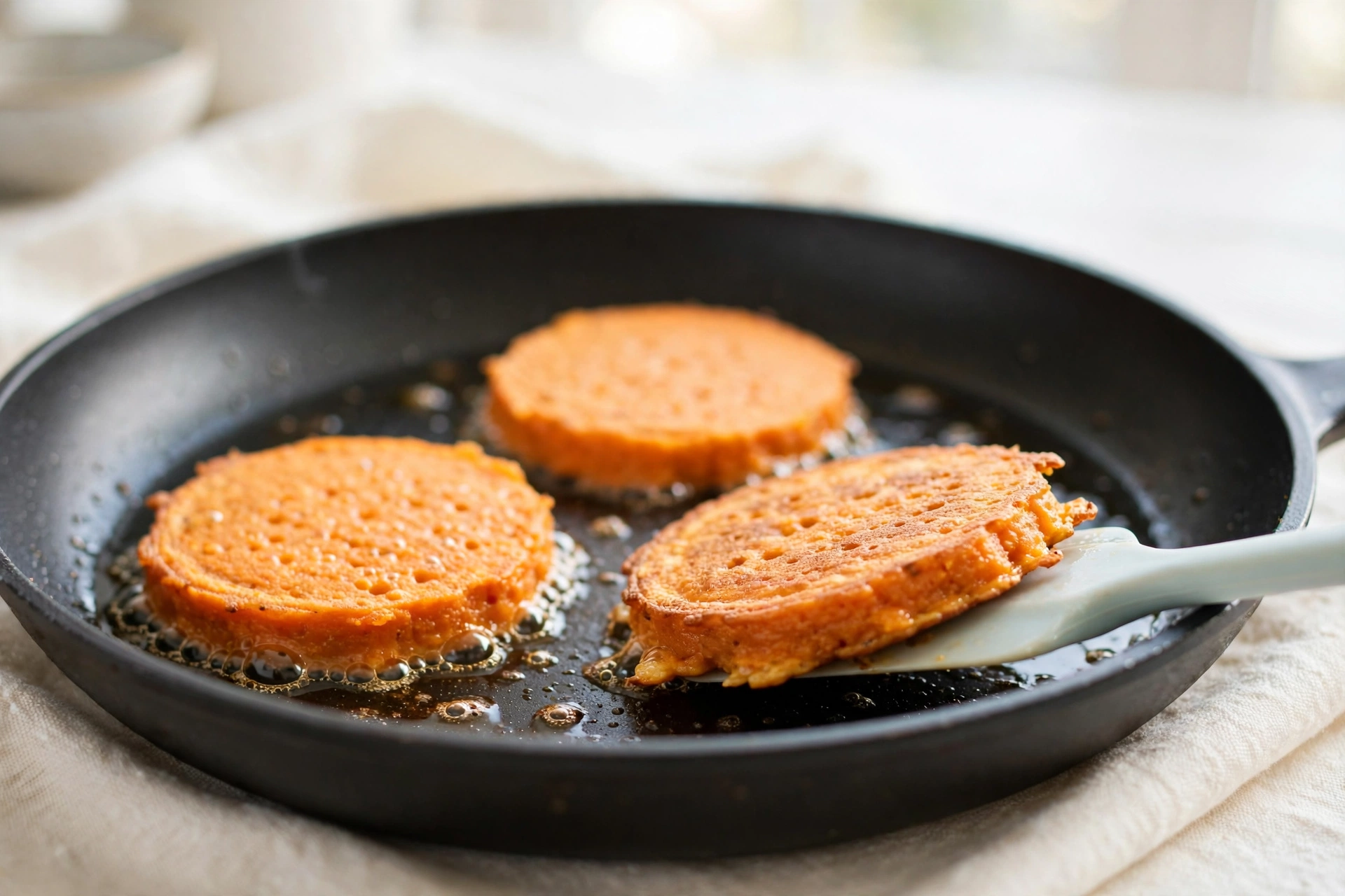 Golden-orange sweet potato pancakes frying in a skillet, one being lifted with a spatula to flip.