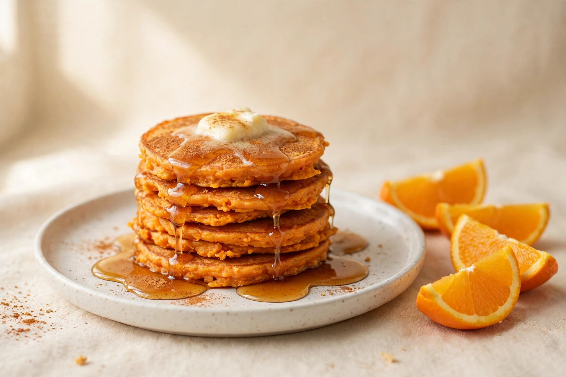 Golden sweet potato pancakes stacked high with a spoonful of creamy topping, ready to serve.
