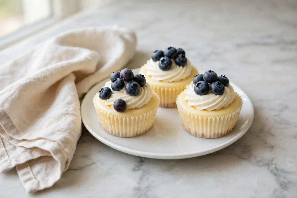 Three mini cheesecake cups topped with piped cream and fresh blueberries on a white plate, beside a linen napkin.