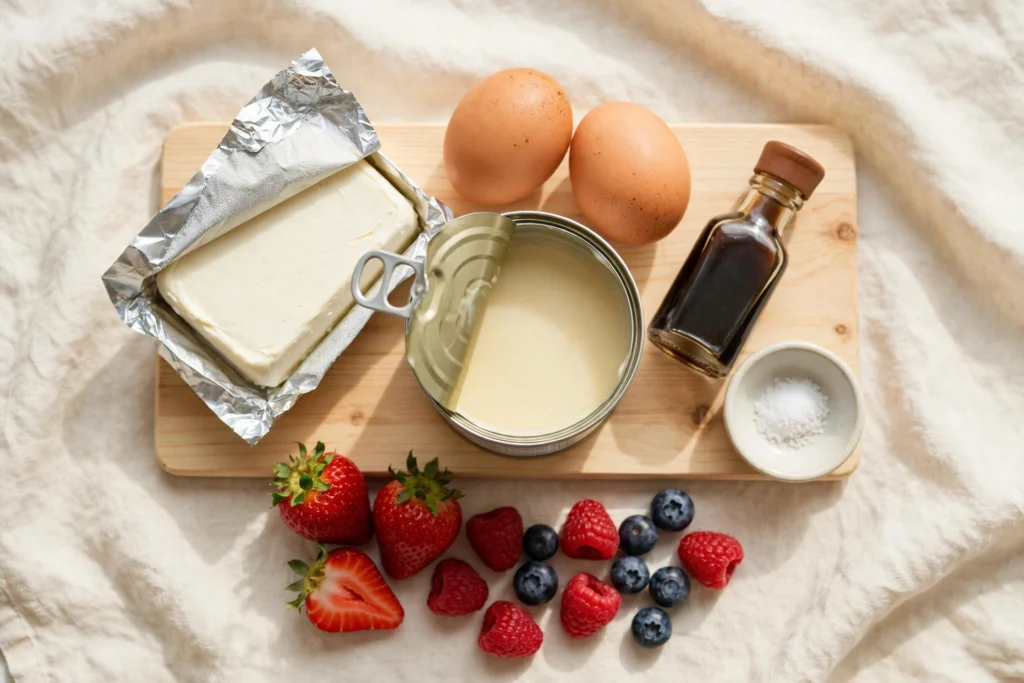 Cream cheese, two eggs, an open can of sweetened condensed milk, vanilla extract, and salt arranged on a wooden board with fresh strawberries, raspberries, and blueberries.