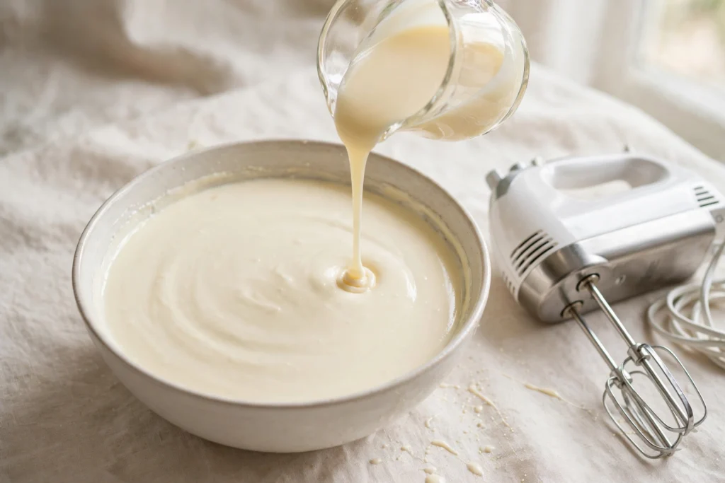 Sweetened condensed milk being poured from a glass jug into a bowl of smooth cheesecake batter, with a hand mixer beside it.