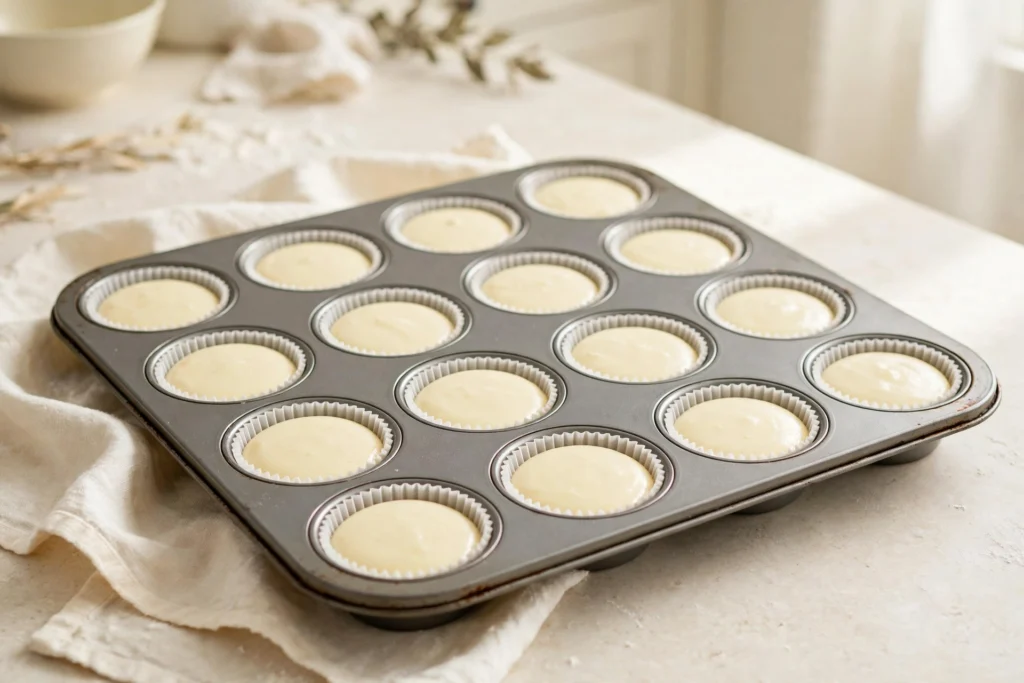A muffin tin lined with paper cups, each filled with pale cheesecake batter and ready for the oven.