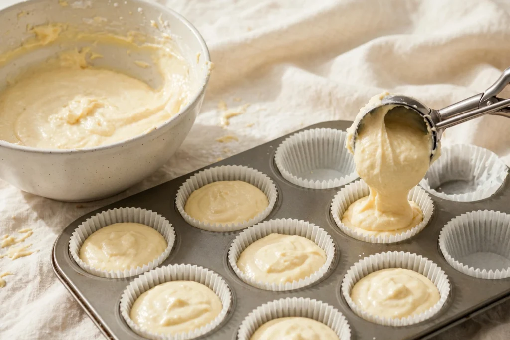 A metal cookie scoop portioning cheesecake batter into paper-lined muffin cups, with a bowl of batter beside the tin.