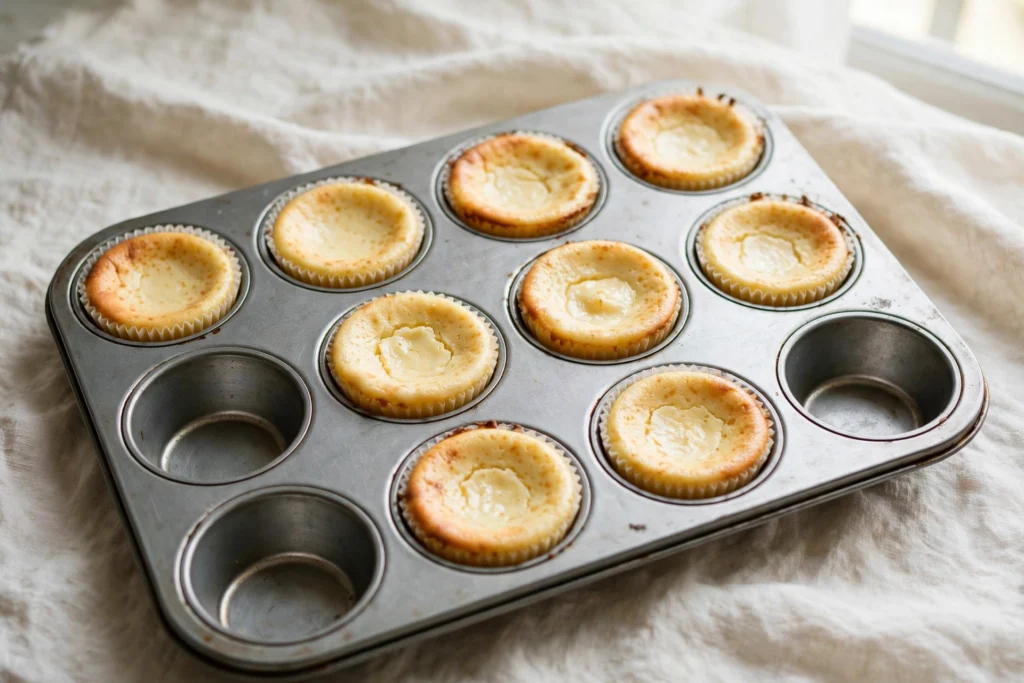 Freshly baked golden cheesecake cups cooling in a muffin tin, their tops lightly browned.