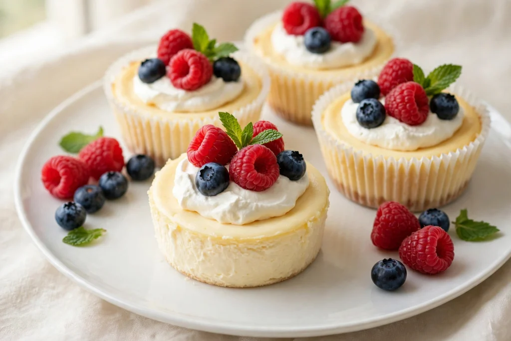Four mini cheesecake cups on a white plate, each topped with whipped cream, raspberries, blueberries, and fresh mint.