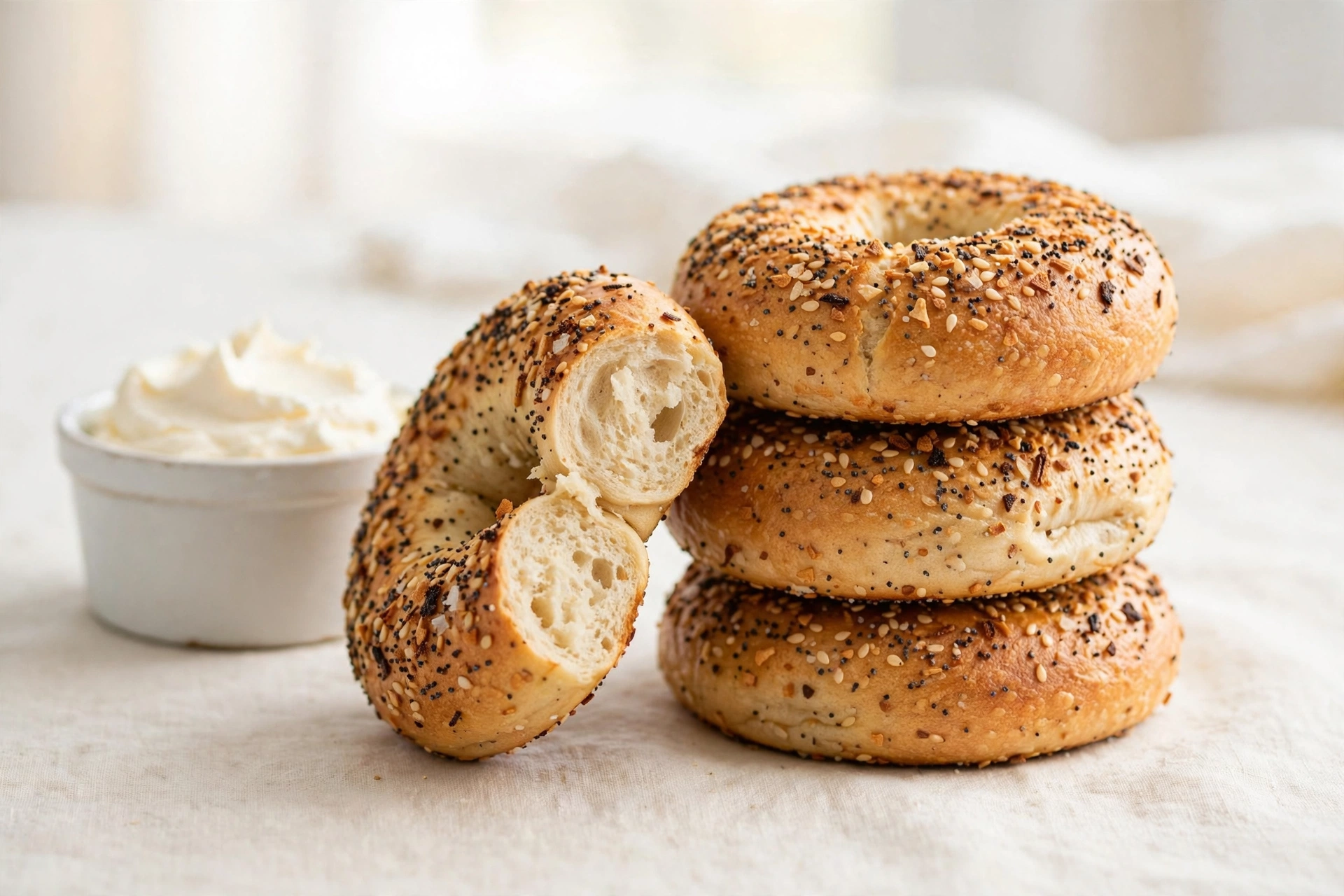 A stack of golden Greek yogurt bagels generously coated with everything seasoning.