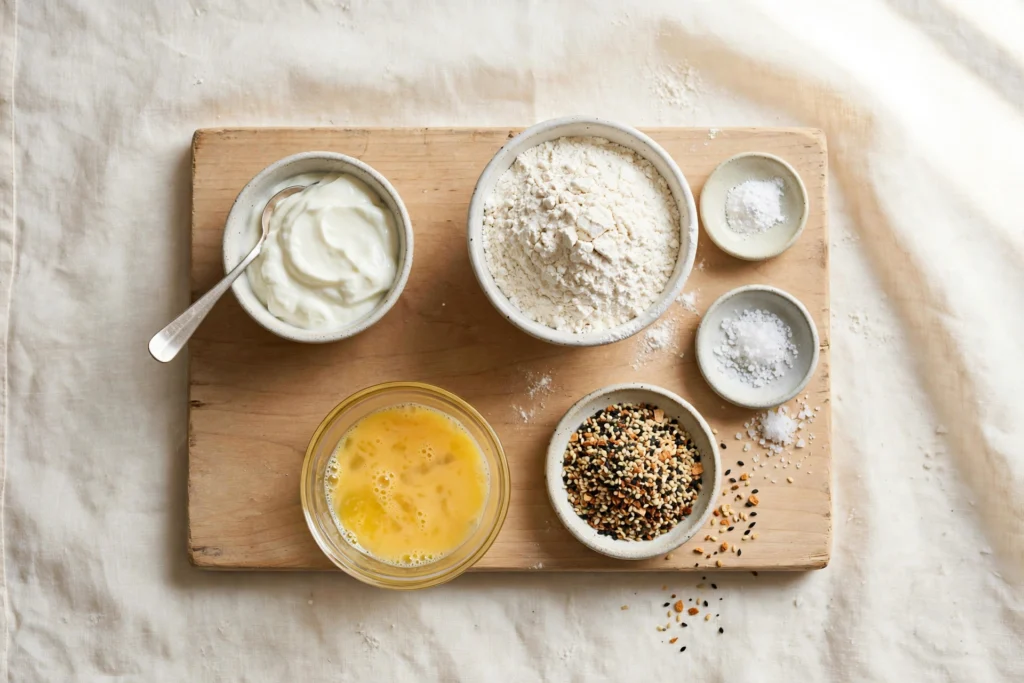 The three bagel ingredients — Greek yogurt, flour, and baking powder — measured into small bowls on a countertop.