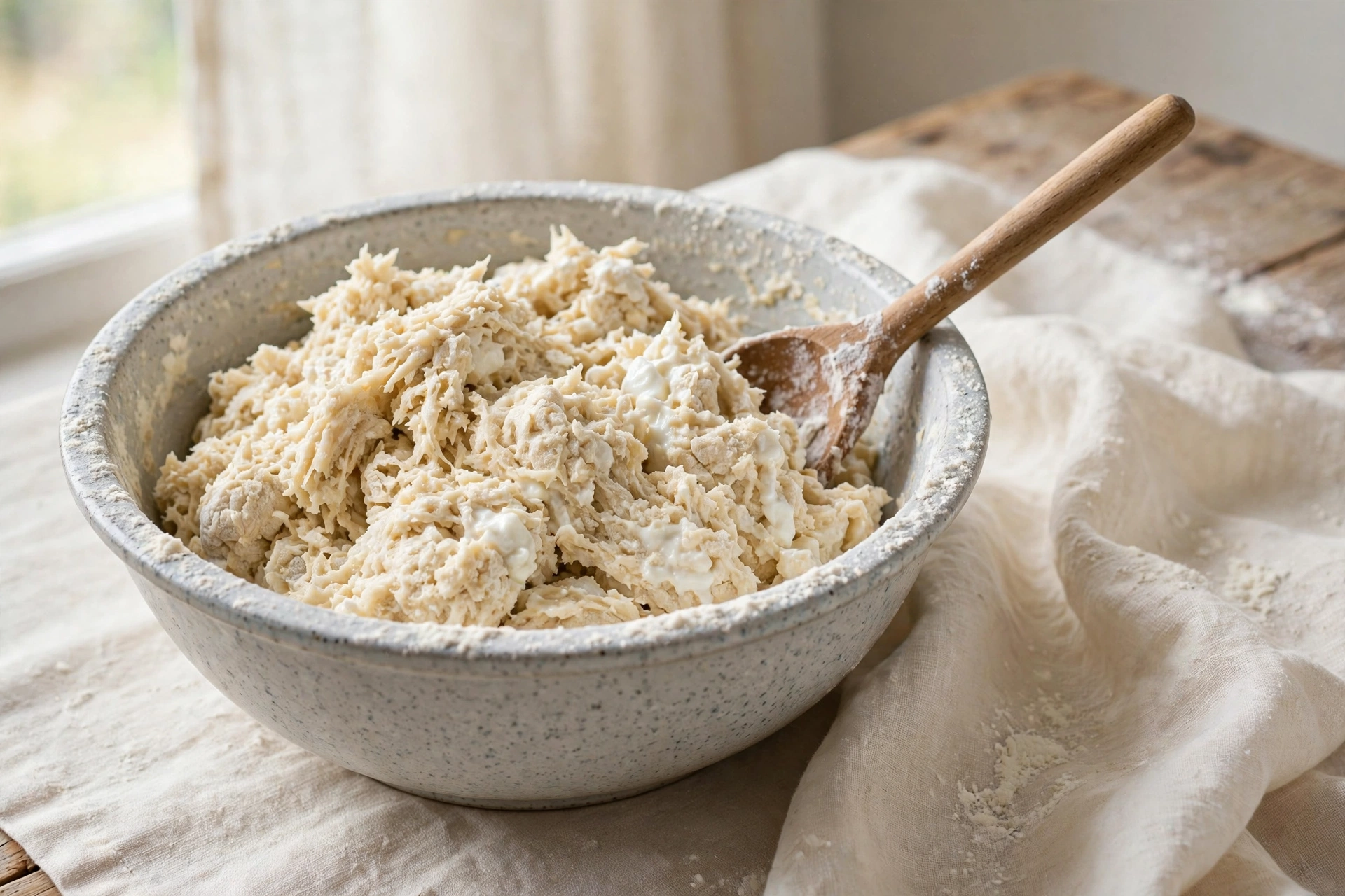 Soft Greek yogurt bagel dough coming together in a large mixing bowl.