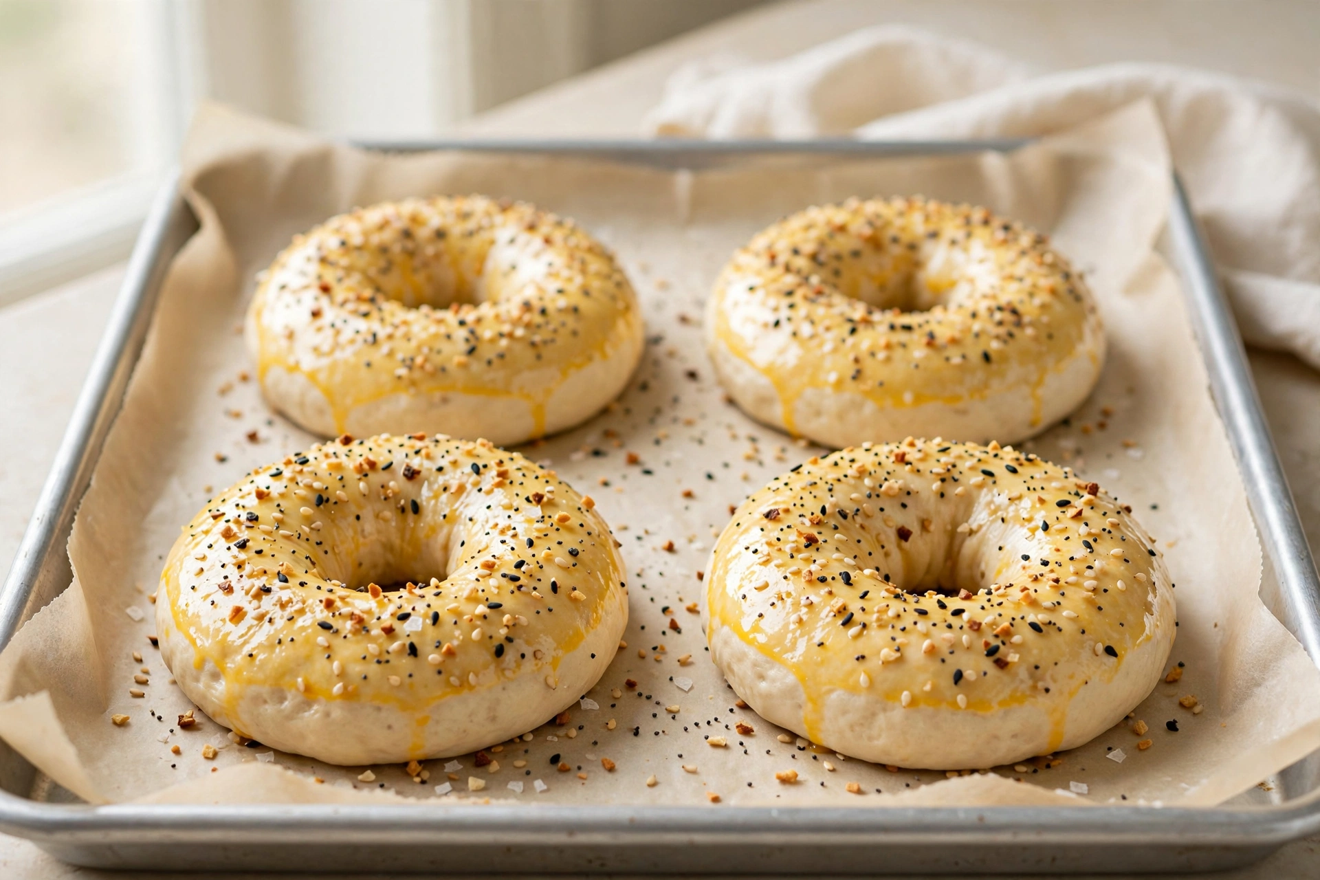 Four shaped Greek yogurt bagel dough rings brushed and sprinkled with everything seasoning on a parchment-lined baking sheet.