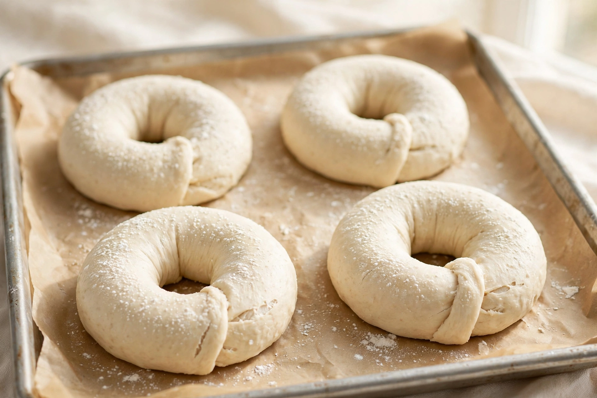 Four unbaked Greek yogurt bagel dough rings dusted with flour, resting on a parchment-lined baking sheet.