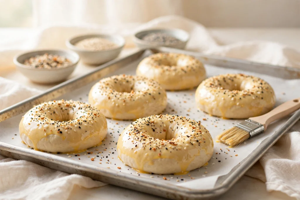 Five freshly baked golden Greek yogurt bagels topped with everything seasoning on a parchment-lined baking sheet, with a pastry brush beside them.