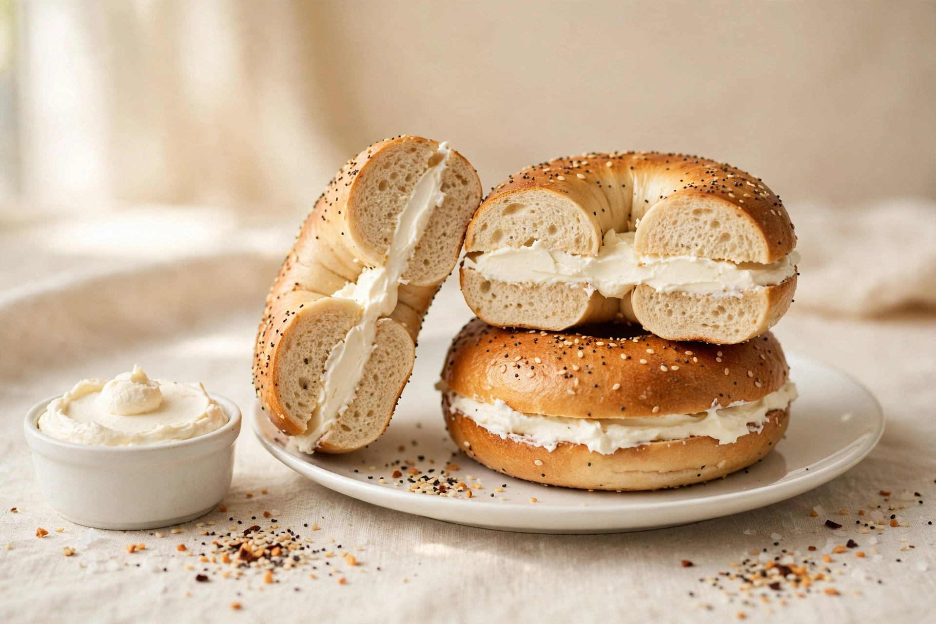 Two everything-seasoned Greek yogurt bagels spread thickly with cream cheese, stacked on a white plate beside a small bowl of cream cheese.