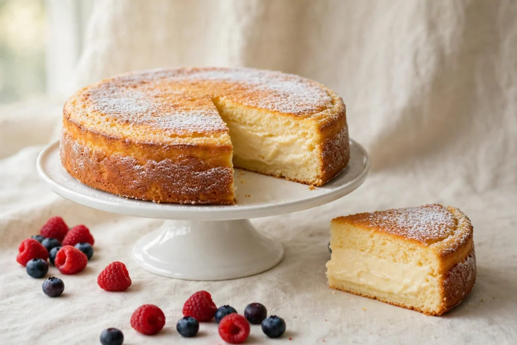 The 3-ingredient Greek yogurt cake on a white cake stand dusted with powdered sugar, with a cut slice plated in the foreground and fresh berries scattered around.