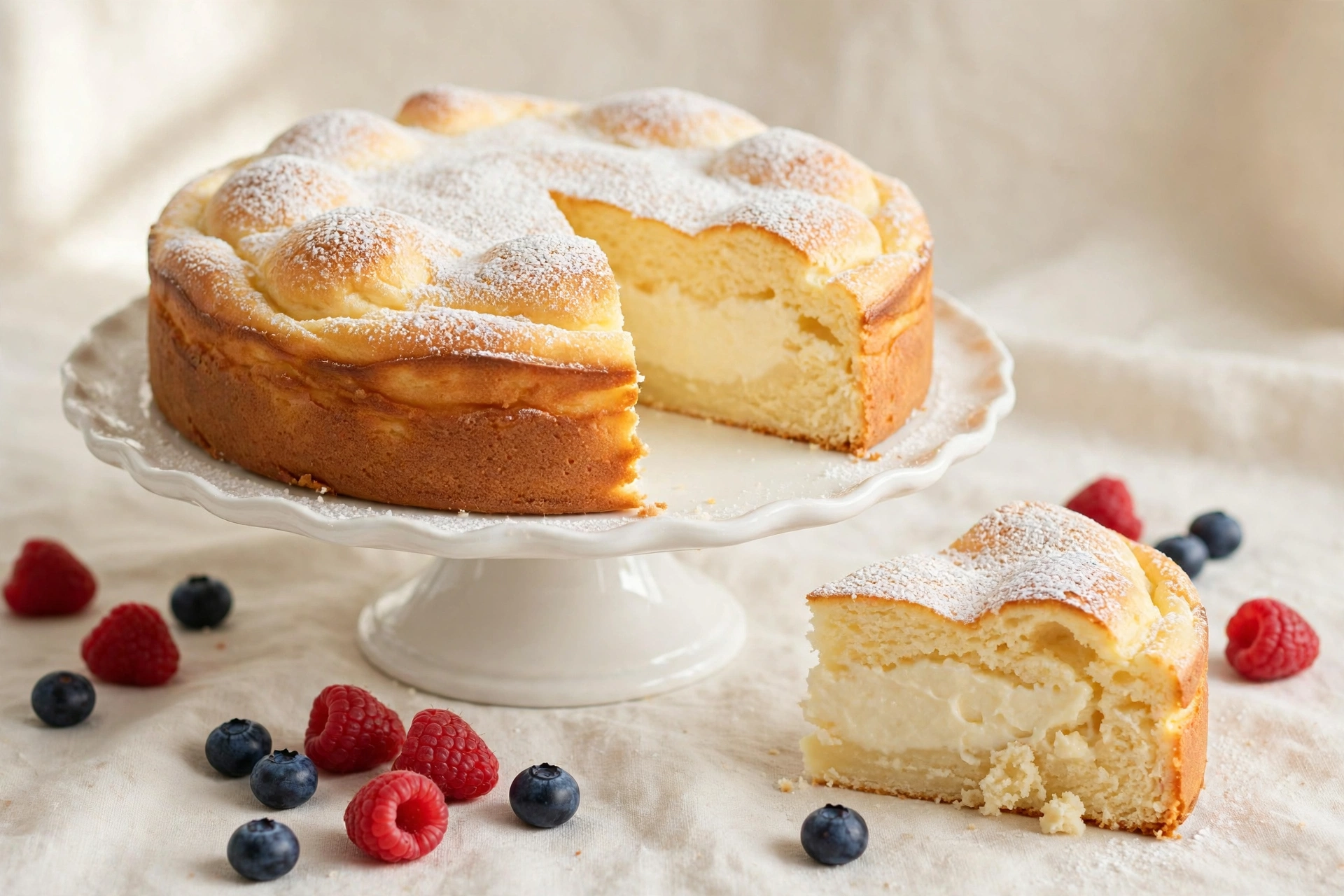 A fluffy golden 3-ingredient Greek yogurt cake on a white cake stand, dusted with powdered sugar, with a slice cut out revealing the light airy interior, surrounded by fresh raspberries and blueberries.