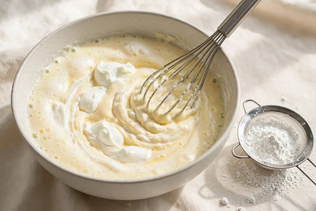 A whisk mixing a creamy pale yellow cake batter with dollops of Greek yogurt in a bowl, with a sieve of powdered sugar nearby.