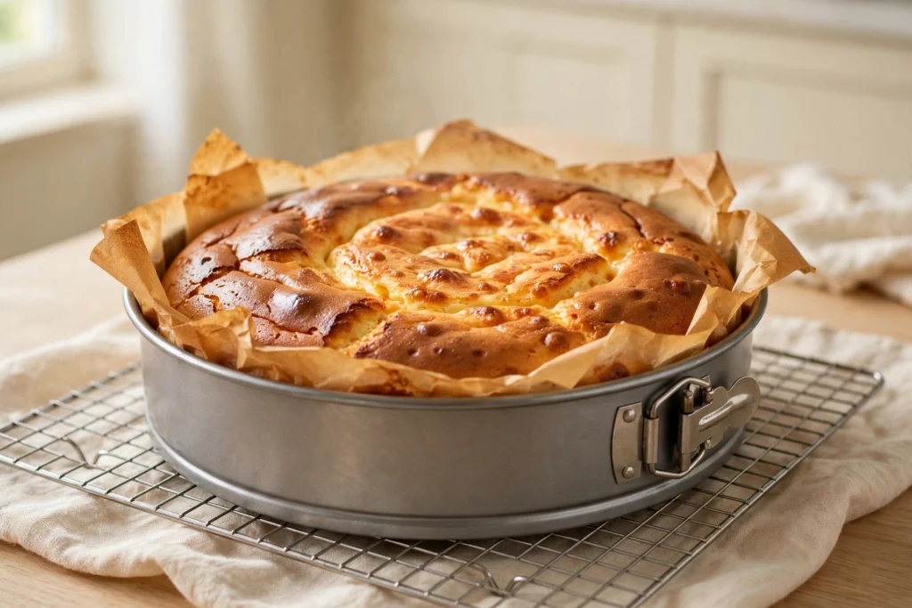 A freshly baked golden-brown 3-ingredient Greek yogurt cake in a springform pan with parchment paper, cooling on a wire rack.