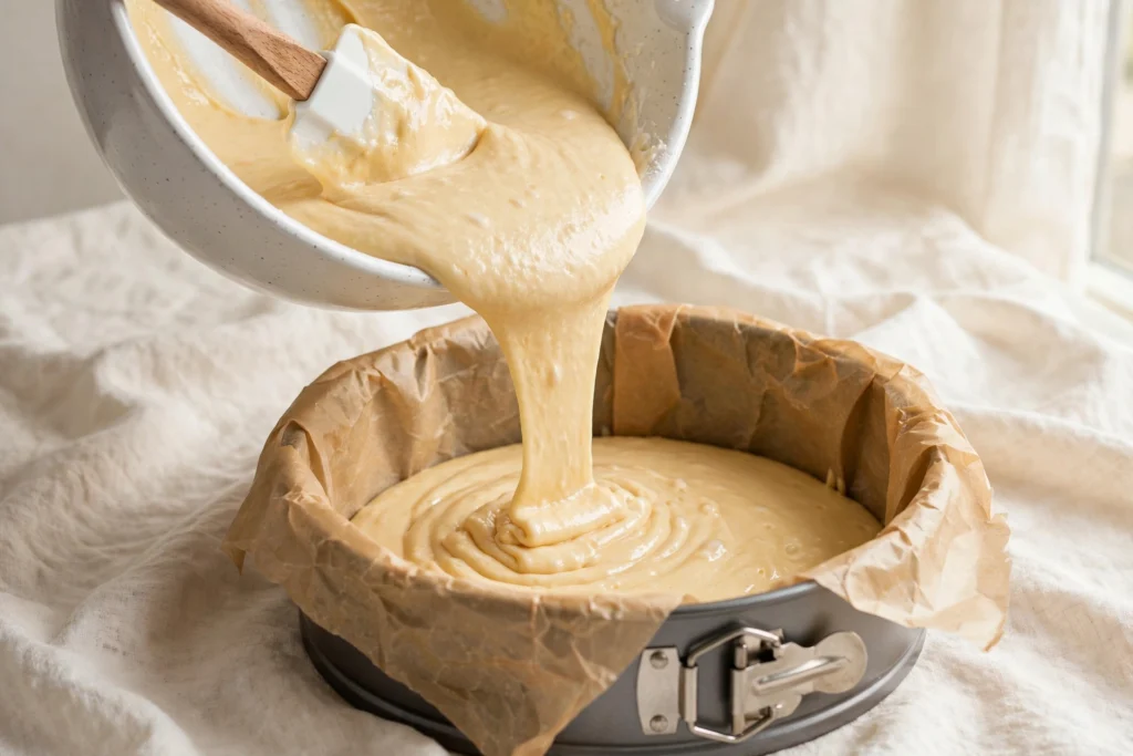 Thick creamy 3-ingredient Greek yogurt cake batter being poured from a white bowl into a parchment-lined springform pan.