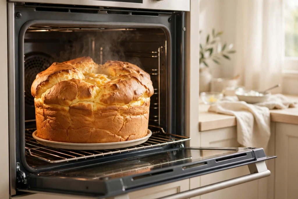 A tall golden-brown 3-ingredient Greek yogurt cake rising and baking in the oven.