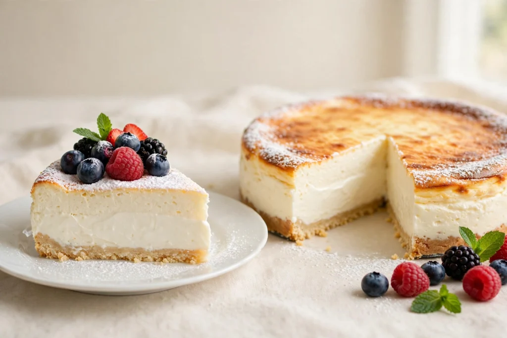 A slice of 3-ingredient Greek yogurt cake on a white plate topped with fresh raspberries, blueberries, blackberries, and powdered sugar, with the remaining cake behind it.