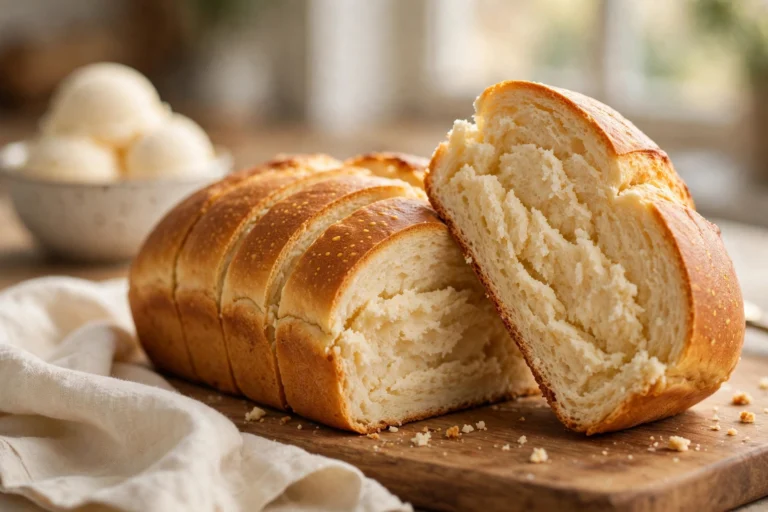 A golden-brown 3-ingredient ice cream bread loaf on a wooden board, sliced to show the soft tender crumb.