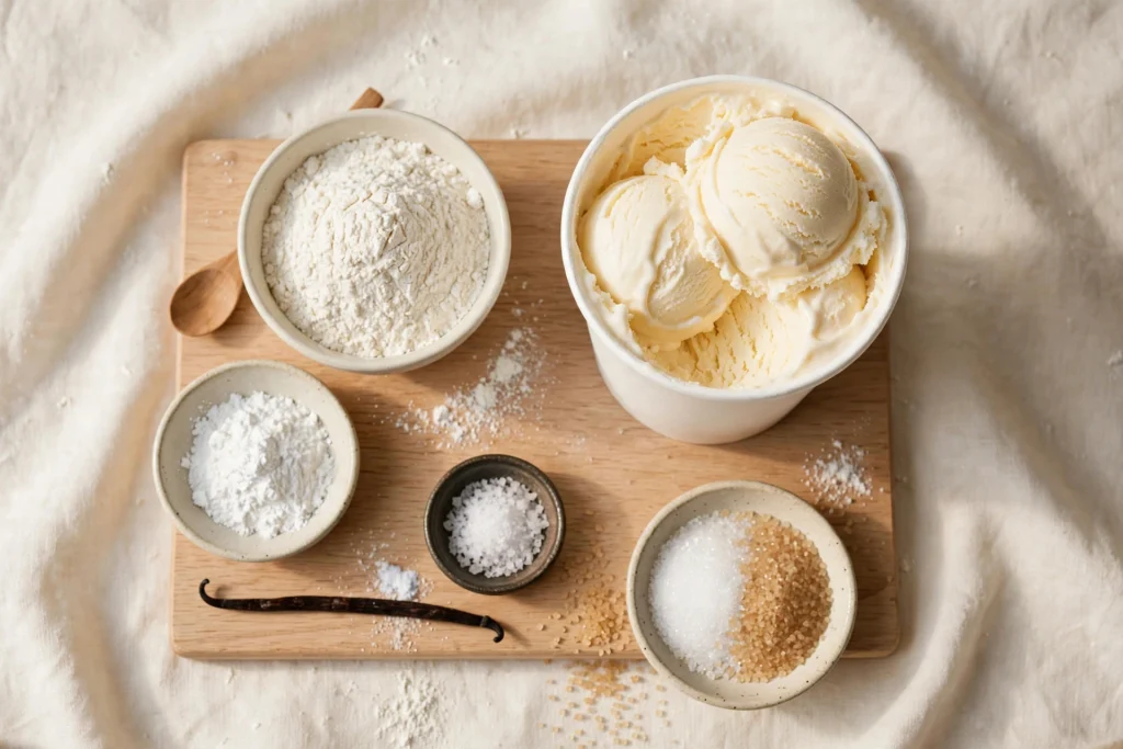 Ingredients for 3-ingredient ice cream bread arranged on a counter: a tub of vanilla ice cream, flour, baking powder, and sugar.
