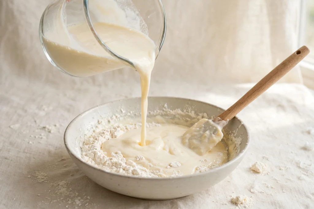 Melted vanilla ice cream in a large mixing bowl for 3-ingredient ice cream bread.