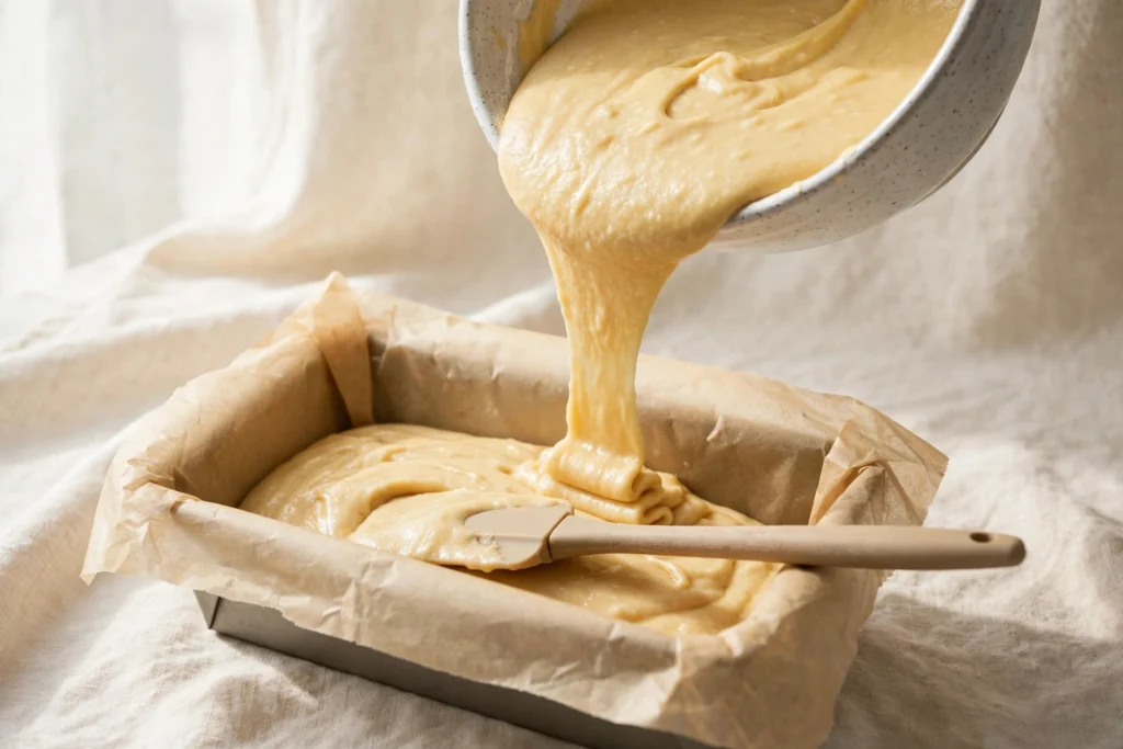 Thick 3-ingredient ice cream bread batter being stirred together in a mixing bowl.