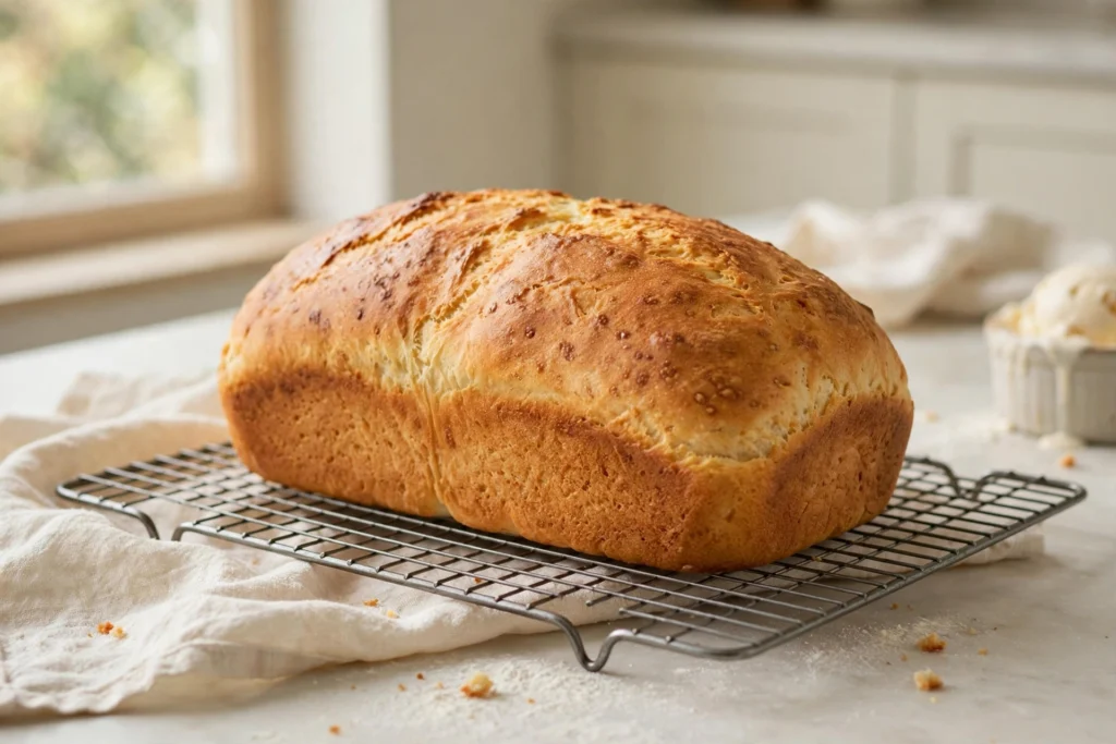 3-ingredient ice cream bread baking and rising golden brown in a loaf pan in the oven.