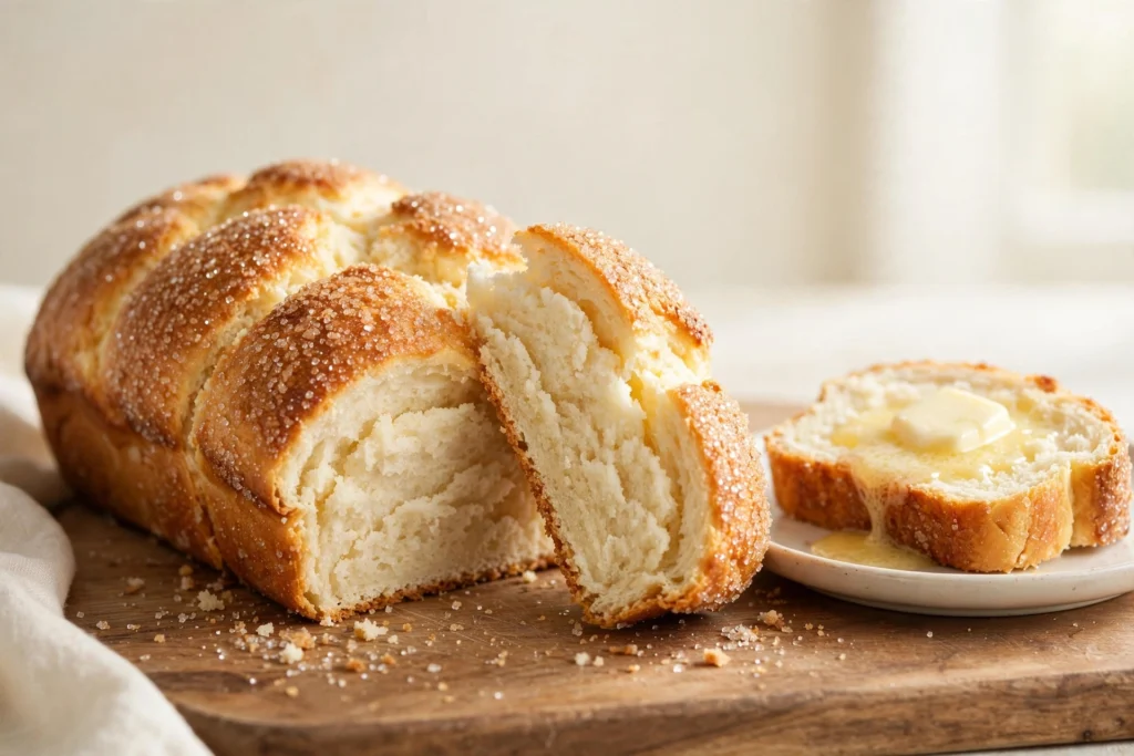 A slice of 3-ingredient ice cream bread on a plate, showing the golden crust and soft vanilla crumb.