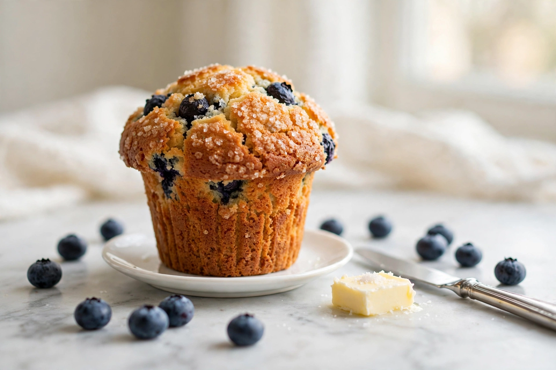 A bakery-style blueberry muffin broken in half, revealing a fluffy berry-studded crumb.