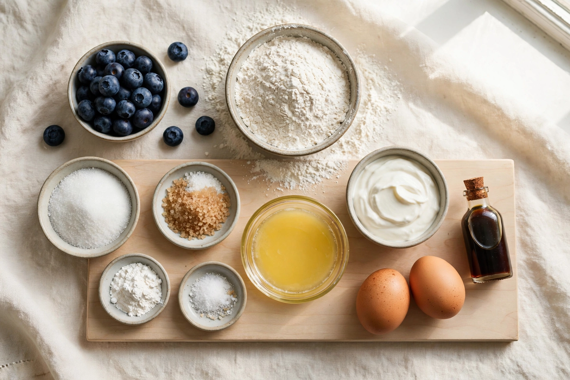 Ingredients for bakery-style blueberry muffins — flour, sugar, fresh blueberries, eggs, milk, and butter — arranged on a countertop.