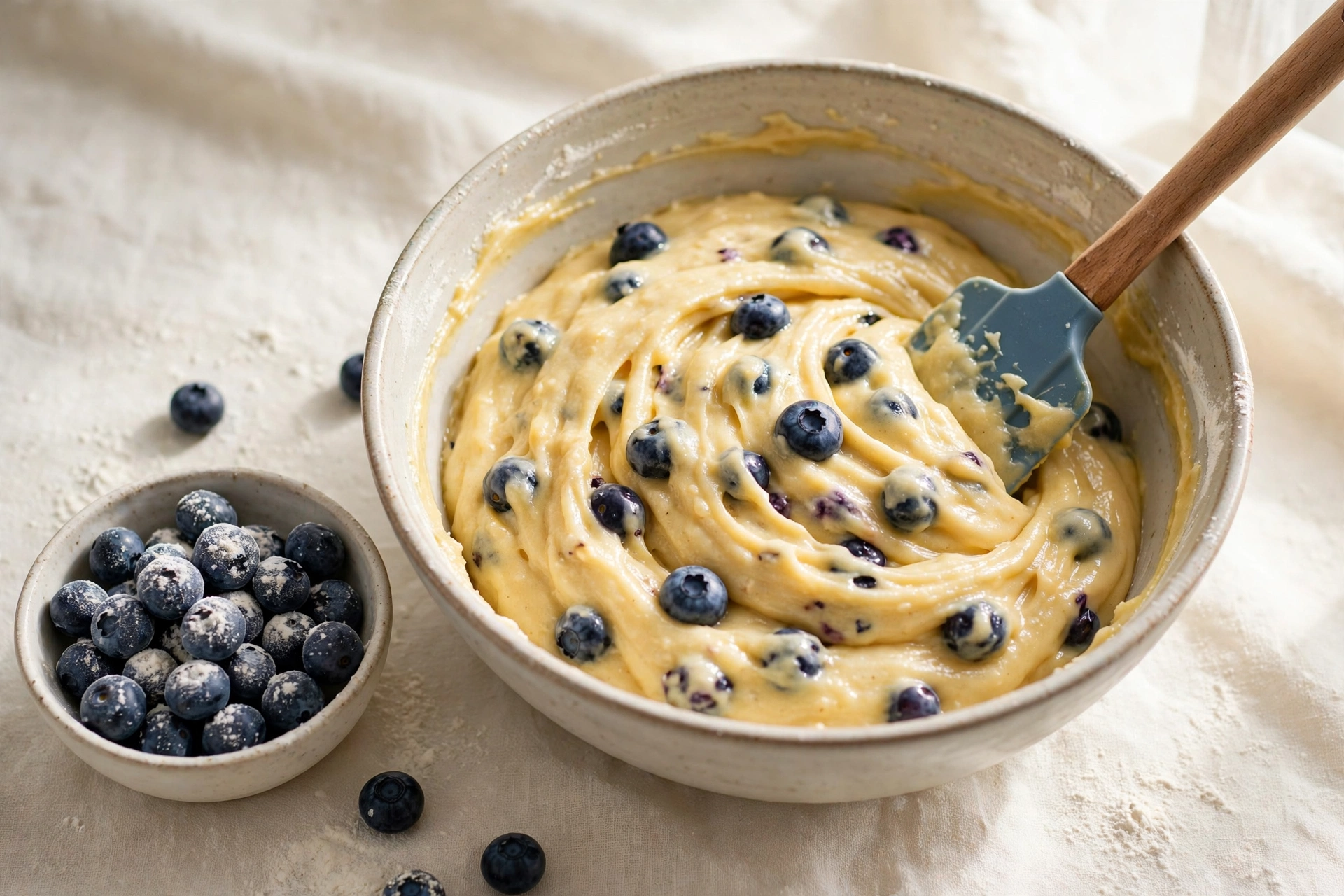 Blueberry muffin batter being stirred together in a large mixing bowl with a spatula.