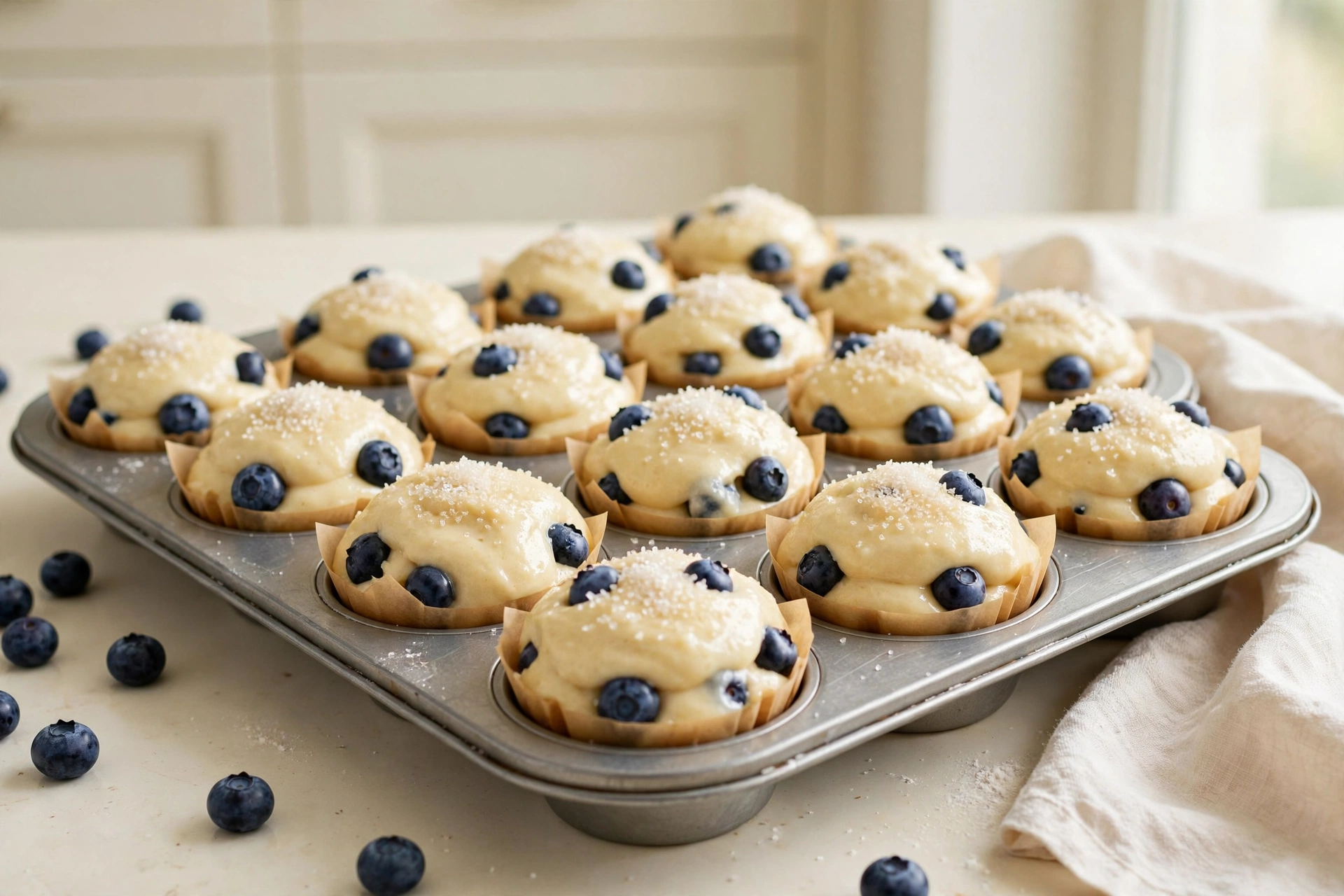A muffin tin lined with paper cups filled with blueberry muffin batter, ready for the oven.