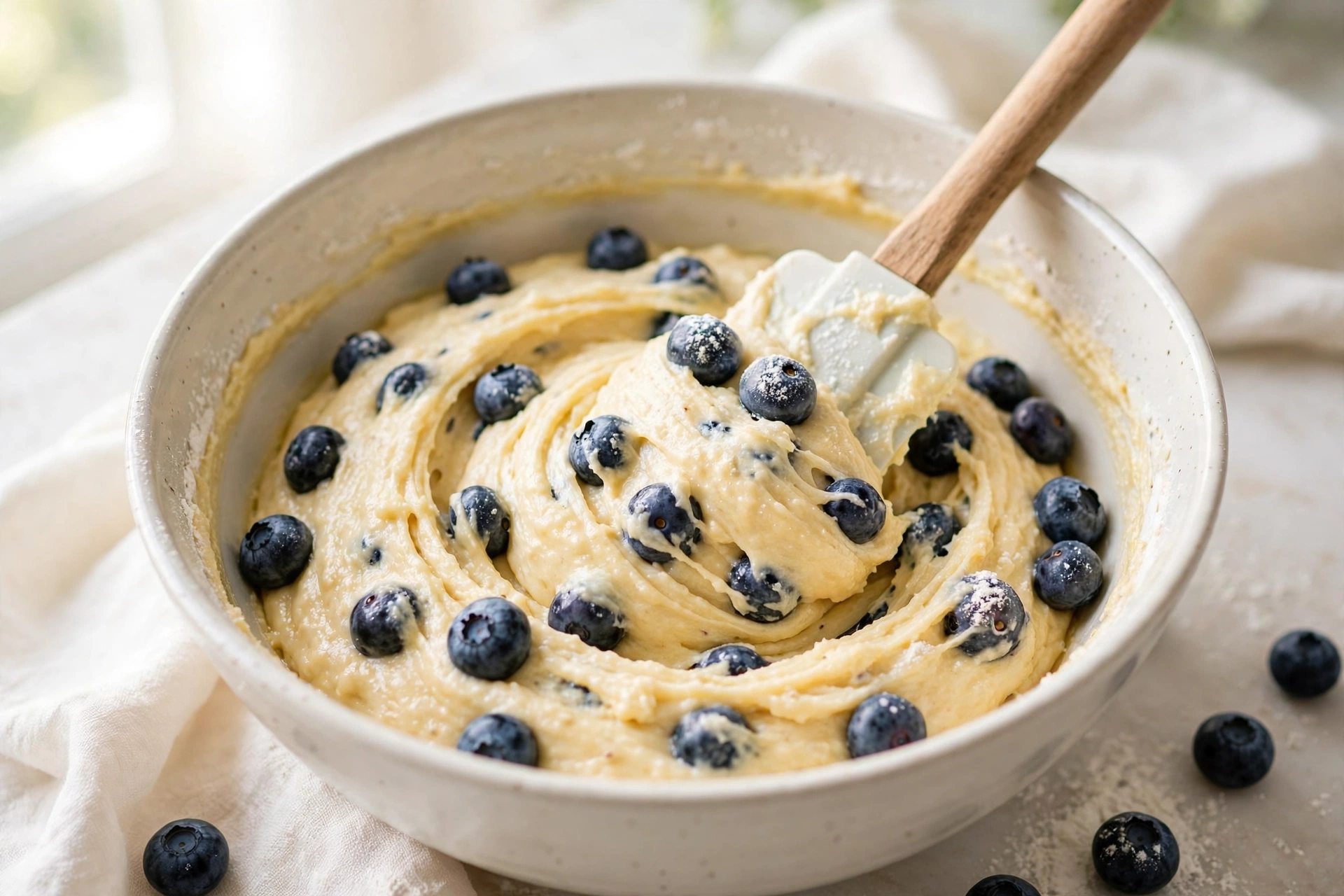 Blueberry muffin batter studded with fresh blueberries being scooped from a mixing bowl with a cookie scoop.