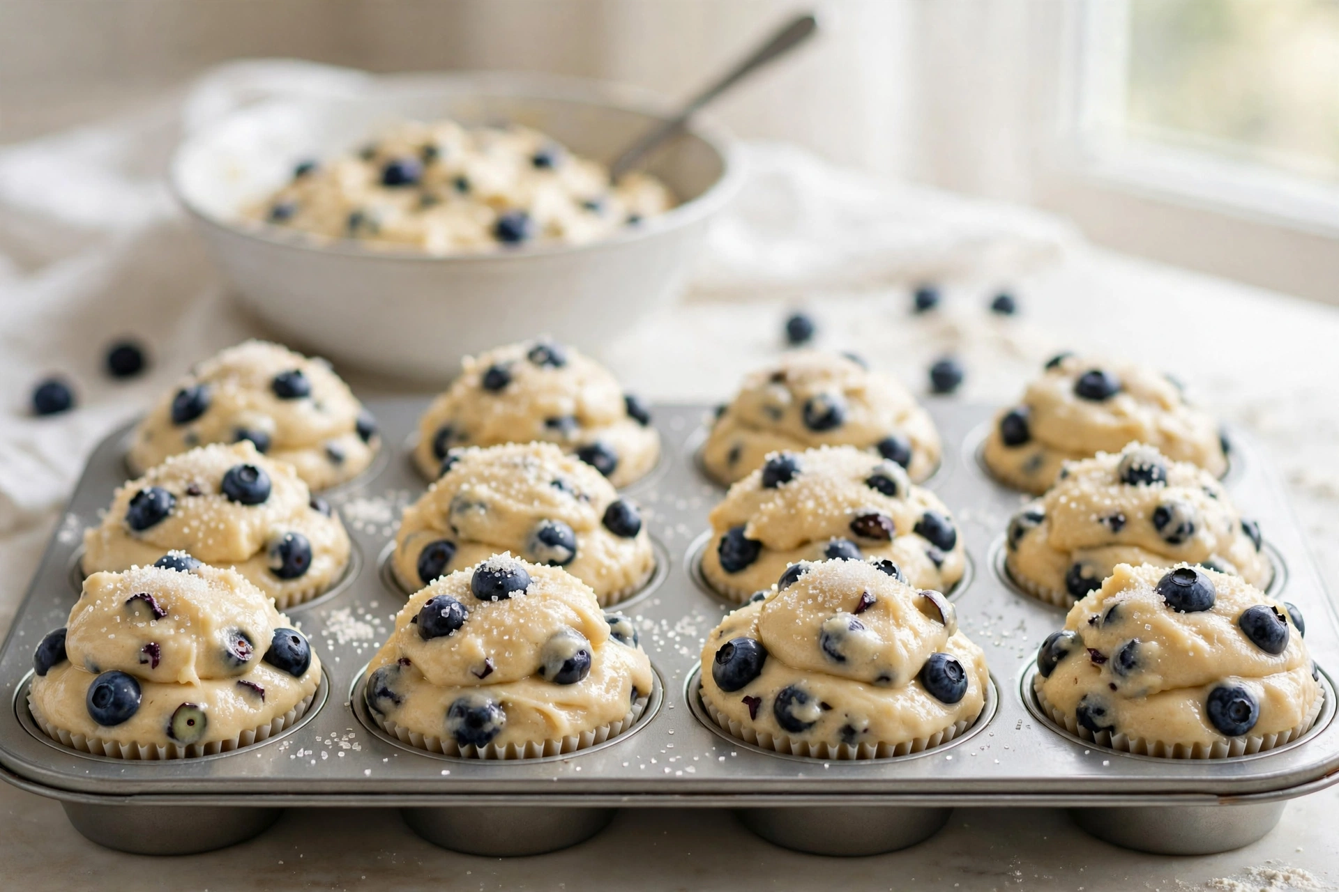 Freshly baked blueberry muffins with tall golden domes cooling in the muffin tin.