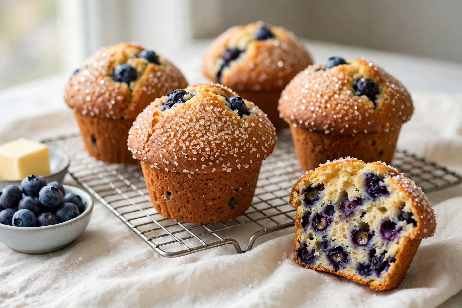 Golden bakery-style blueberry muffins with sugary tops arranged on a white serving plate.