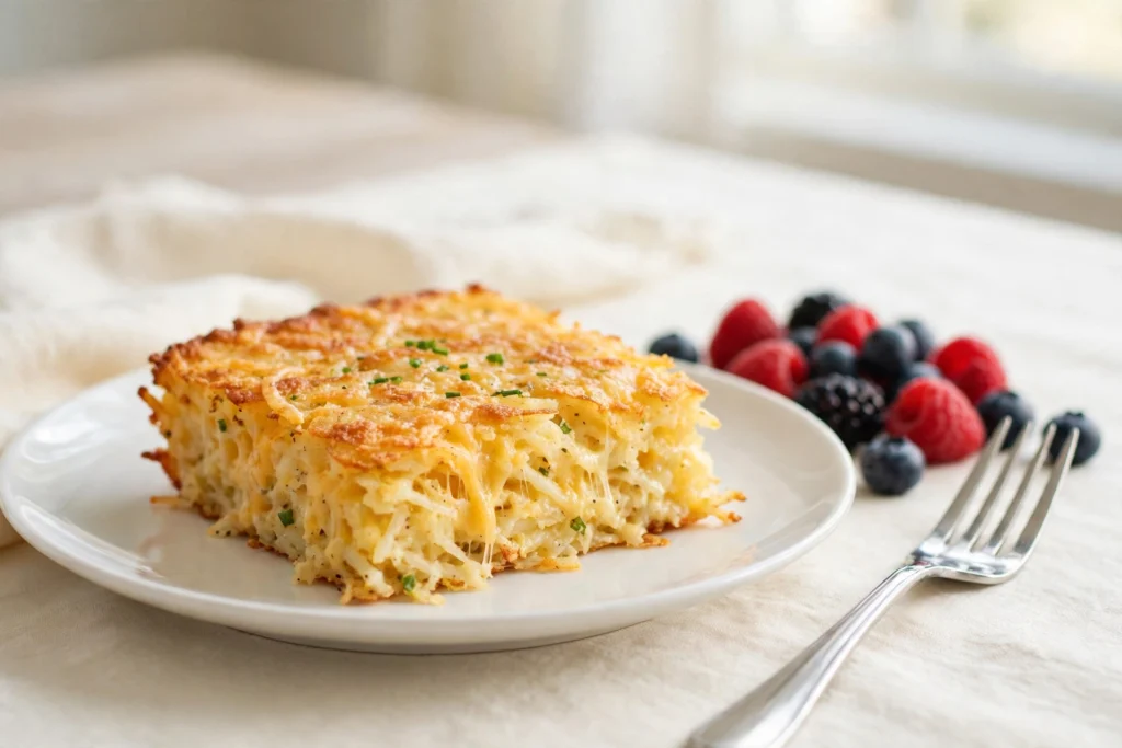 A close-up cross-section slice of cheesy hash brown casserole on a white plate with a fork, showing layers of crispy shredded potatoes and melted cheese, with fresh berries in the background.