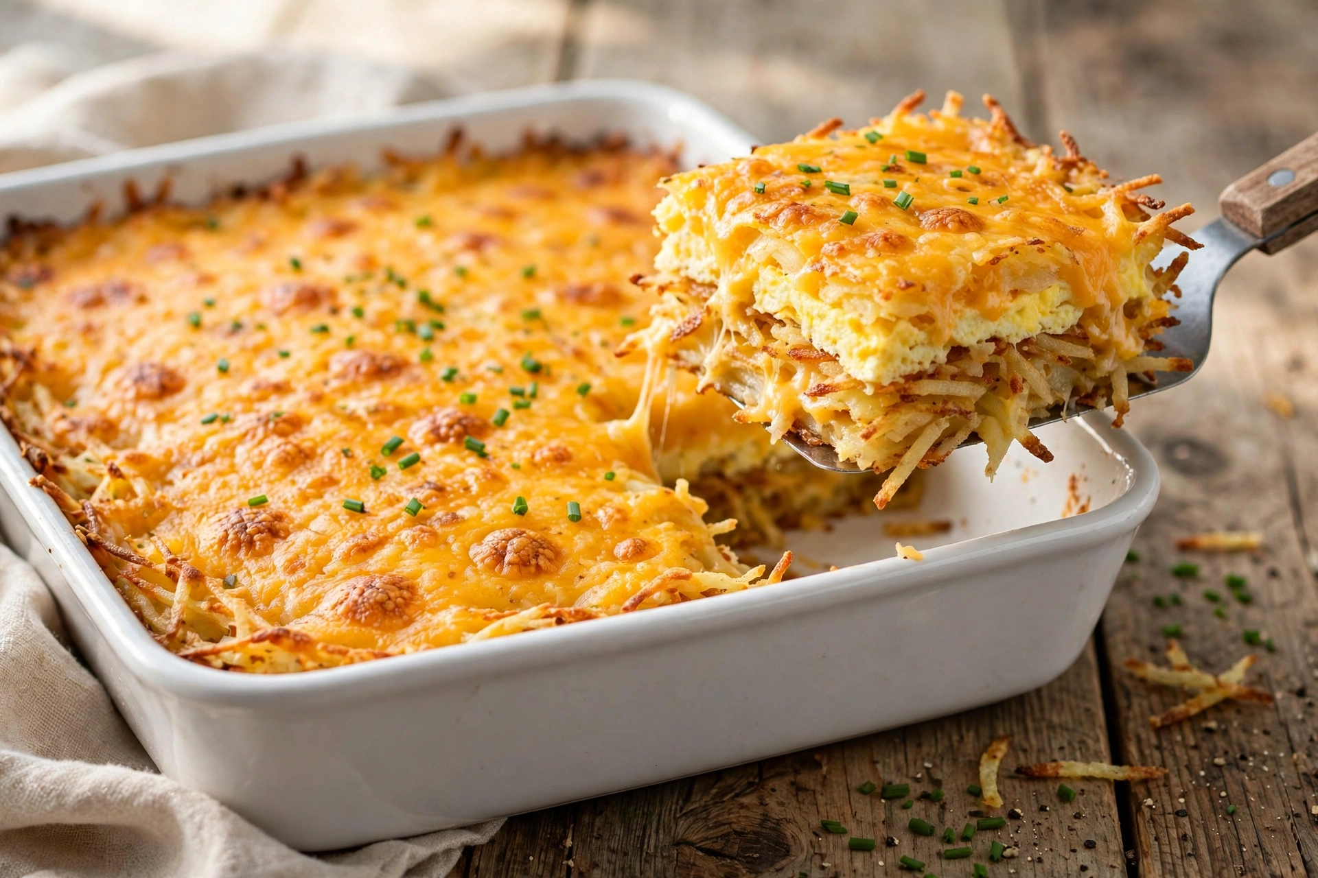 A slice of golden-brown cheesy hash brown casserole being lifted from a white baking dish with a spatula, revealing crispy layers of shredded potatoes and melted cheese topped with chopped chives.