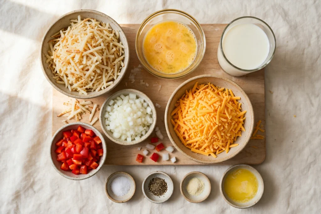 Ingredients for cheesy hash brown casserole arranged in bowls on a wooden board: shredded hash browns, beaten eggs, milk, shredded cheddar cheese, diced onions, and diced red bell peppers, with small bowls of salt, pepper, and seasonings.