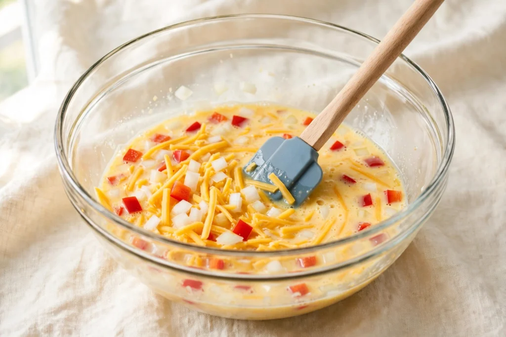 A glass mixing bowl filled with beaten eggs, shredded cheddar cheese, diced red bell peppers, and chopped onions being stirred together with a gray silicone spatula.