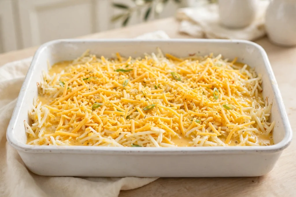The unbaked cheesy hash brown casserole mixture spread evenly in a white baking dish, generously topped with shredded cheddar cheese and sliced green onions before baking.