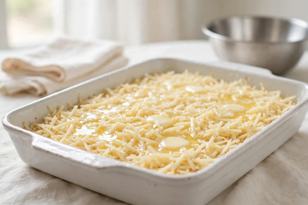 Melted butter drizzled over a layer of shredded hash browns in a white baking dish, ready to be baked into a cheesy hash brown casserole.
