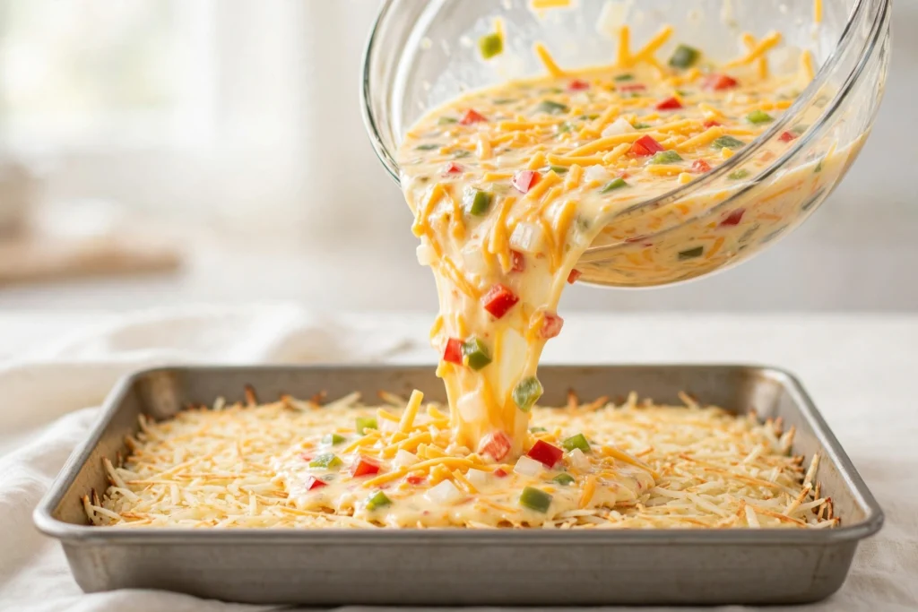 The creamy cheesy egg mixture with diced peppers and onions being poured from a glass bowl over the shredded hash browns in a metal baking pan.