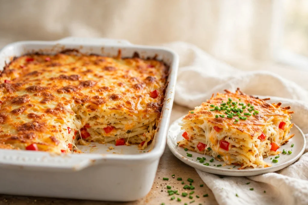 A plated slice of golden cheesy hash brown casserole topped with chopped chives on a small white plate, next to the baking dish with the rest of the casserole.