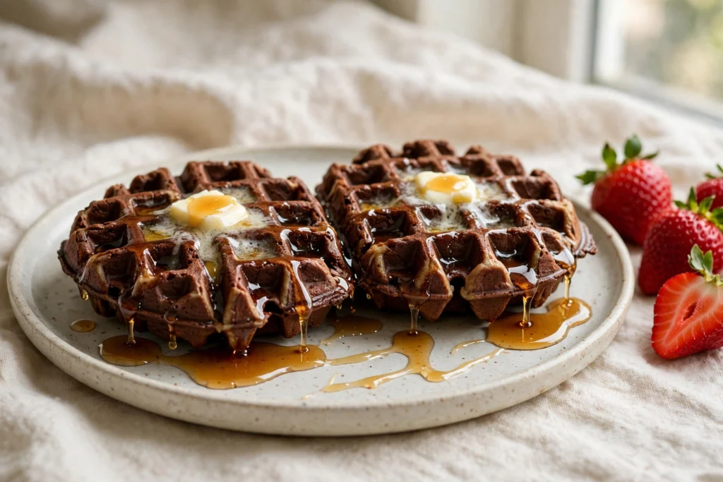Two chocolate chaffles topped with melting butter and dripping maple syrup on a plate, with fresh strawberries beside it.